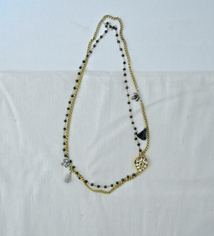 Blythe, Kundan/Polki Pendant, Brass Chain, Glass Beads &amp; Tassels Necklace - kinchecom