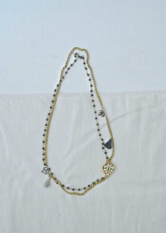 Blythe, Kundan/Polki Pendant, Brass Chain, Glass Beads &amp; Tassels Necklace - kinchecom