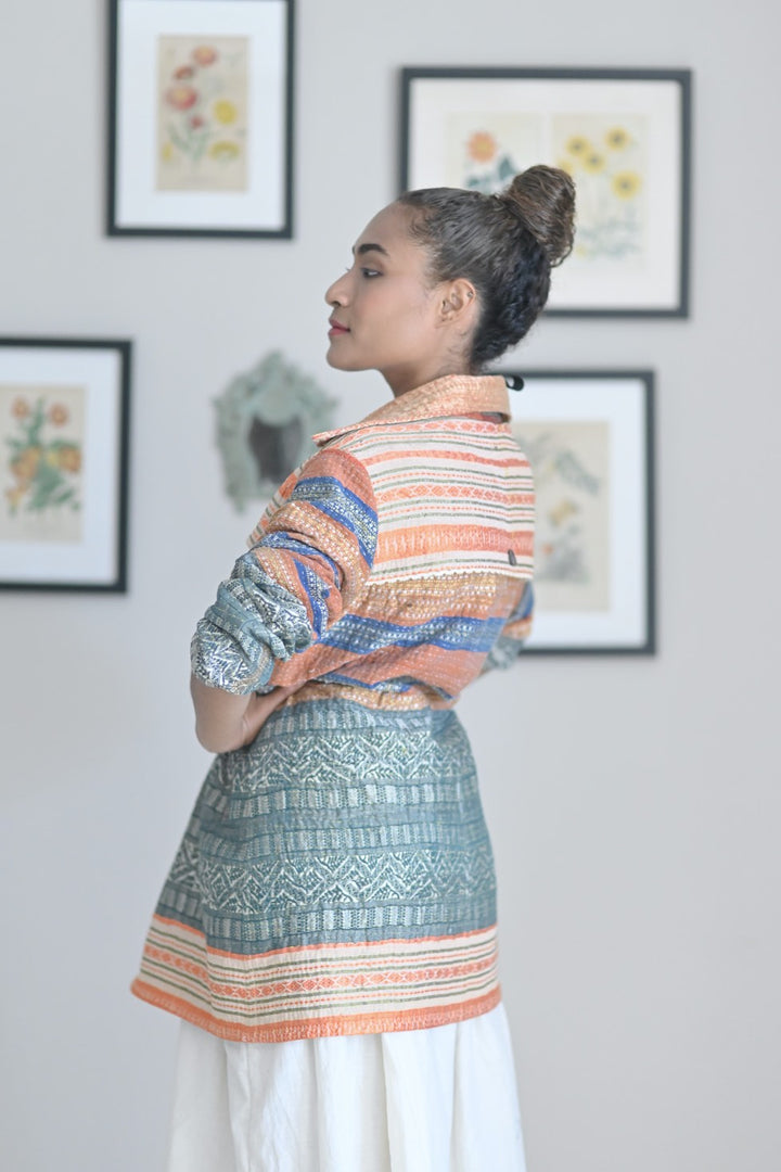 Medium, Periyar, Handmade Kantha Trench Coat in Vintage Saree Borders Fabric - kinchecom