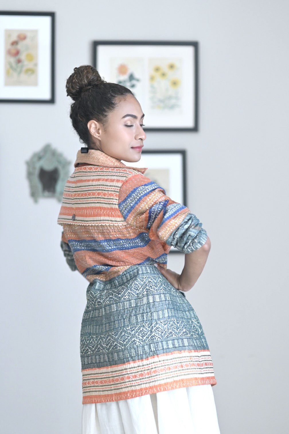 Medium, Periyar, Handmade Kantha Trench Coat in Vintage Saree Borders Fabric - kinchecom