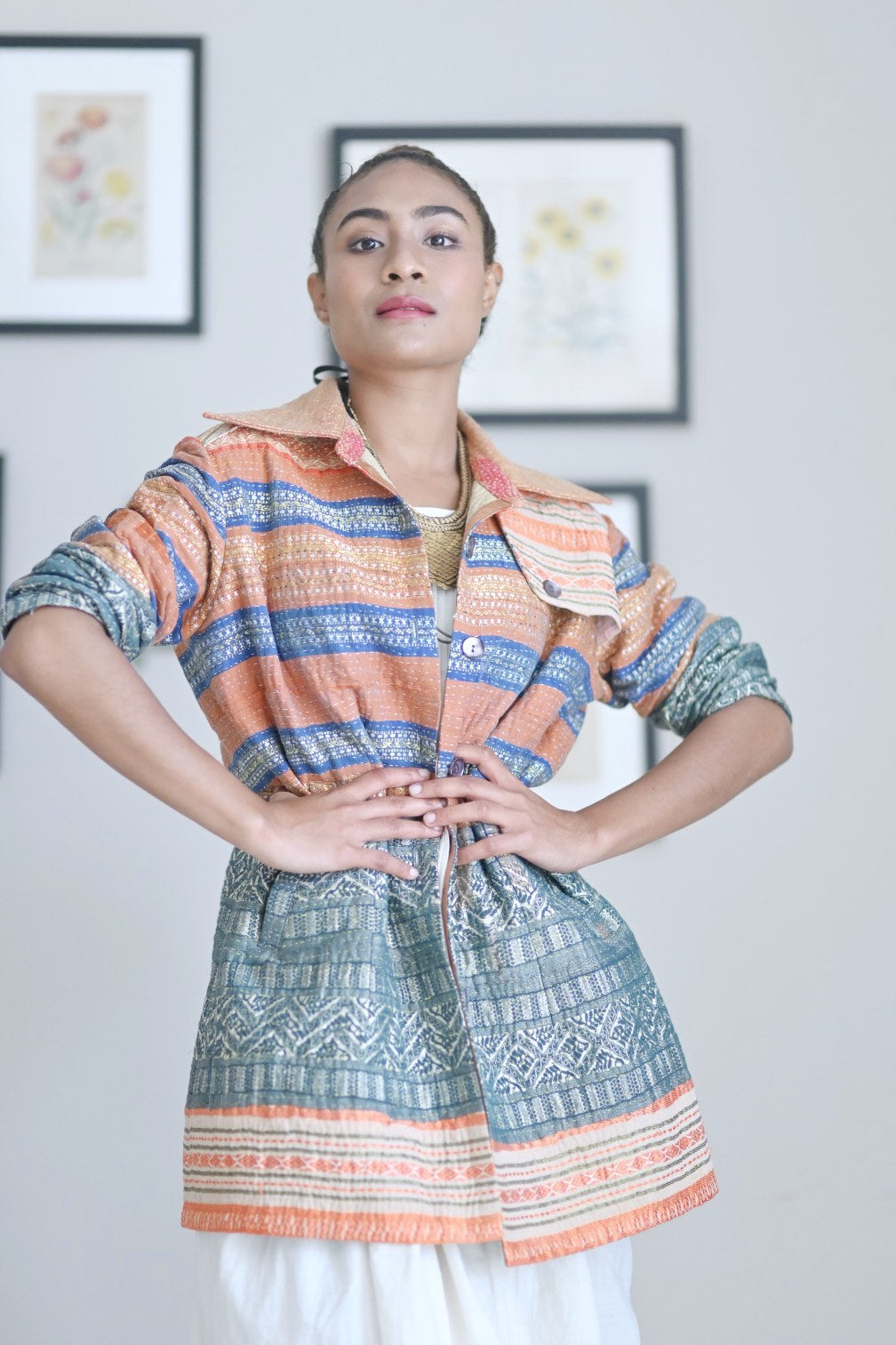 Medium, Periyar, Handmade Kantha Trench Coat in Vintage Saree Borders Fabric - kinchecom