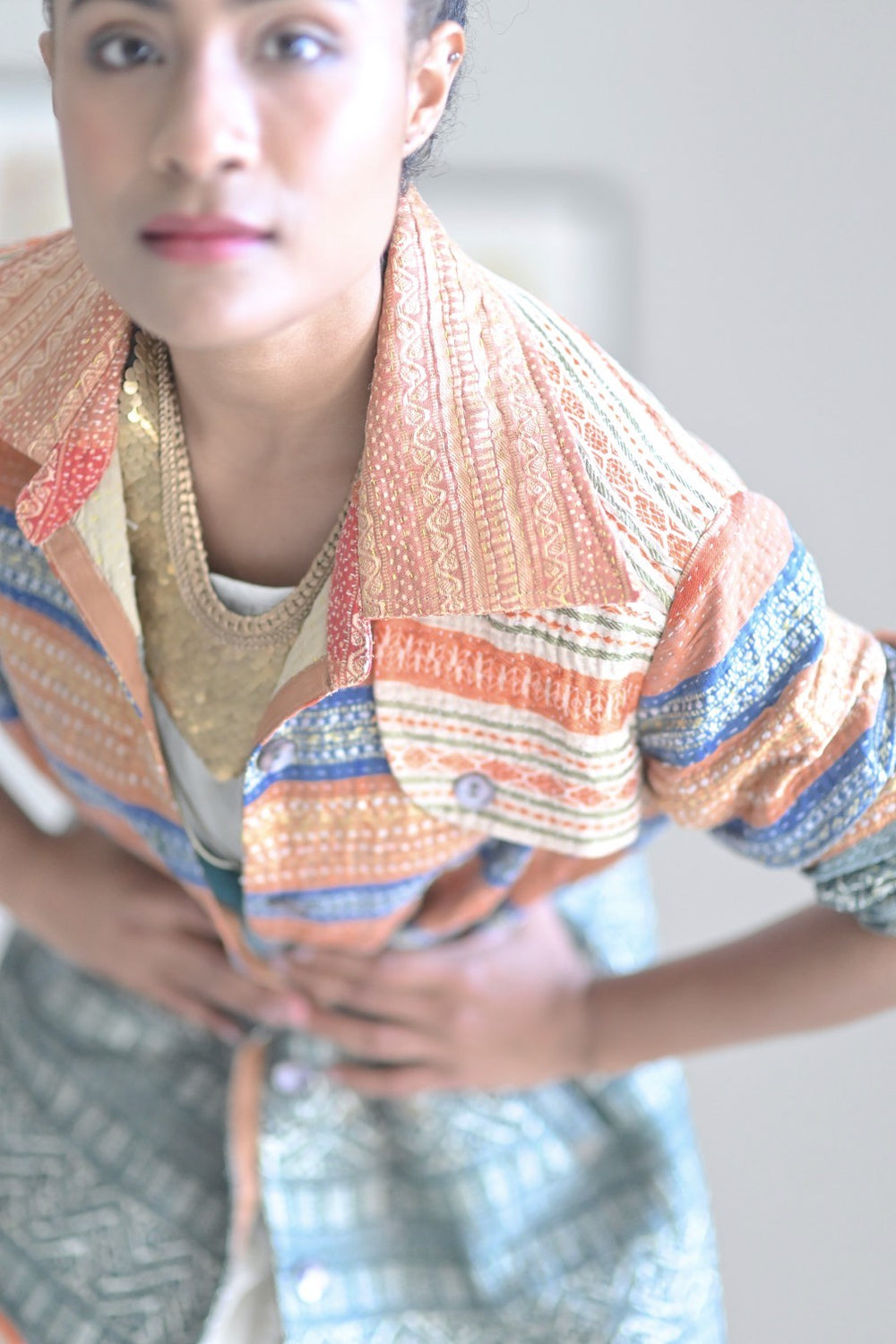 Golden saree borders kantha jacket/trench coat