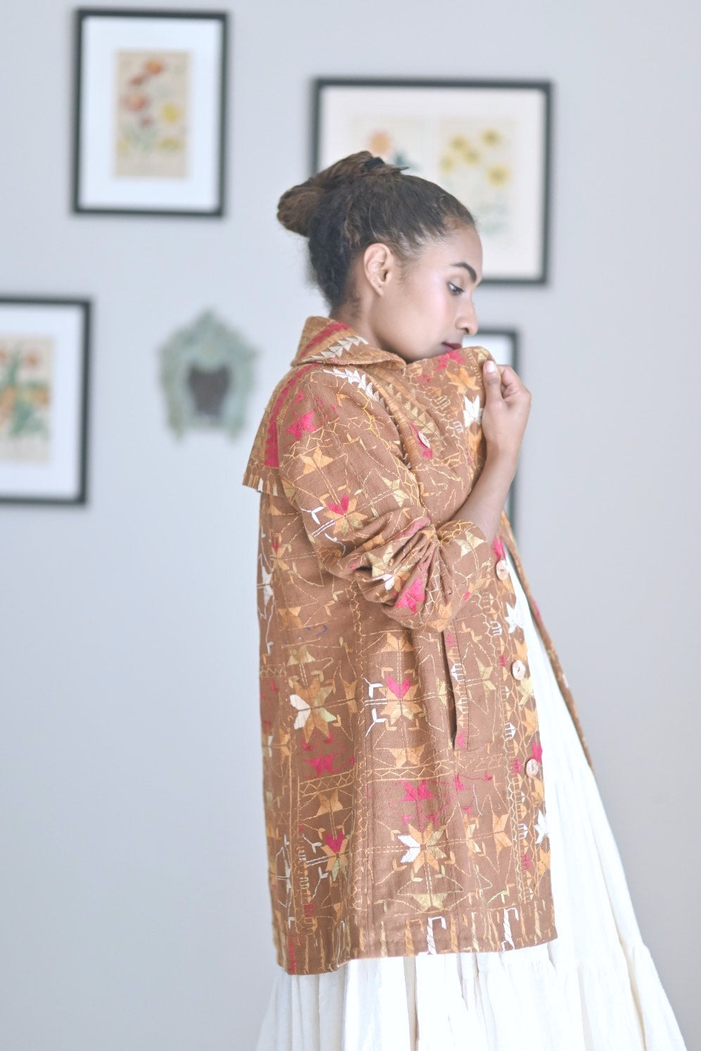Inderjeet Kaur, Size Medium/Small Vintage Phulkari Trench Jacket, One of a Kind - kinchecom
