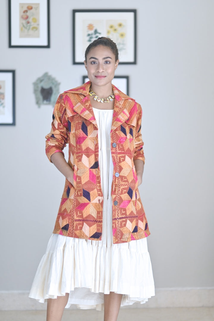 Tripta Kaur, Size Medium/Small Vintage Phulkari Trench Jacket, One of a Kind - kinchecom