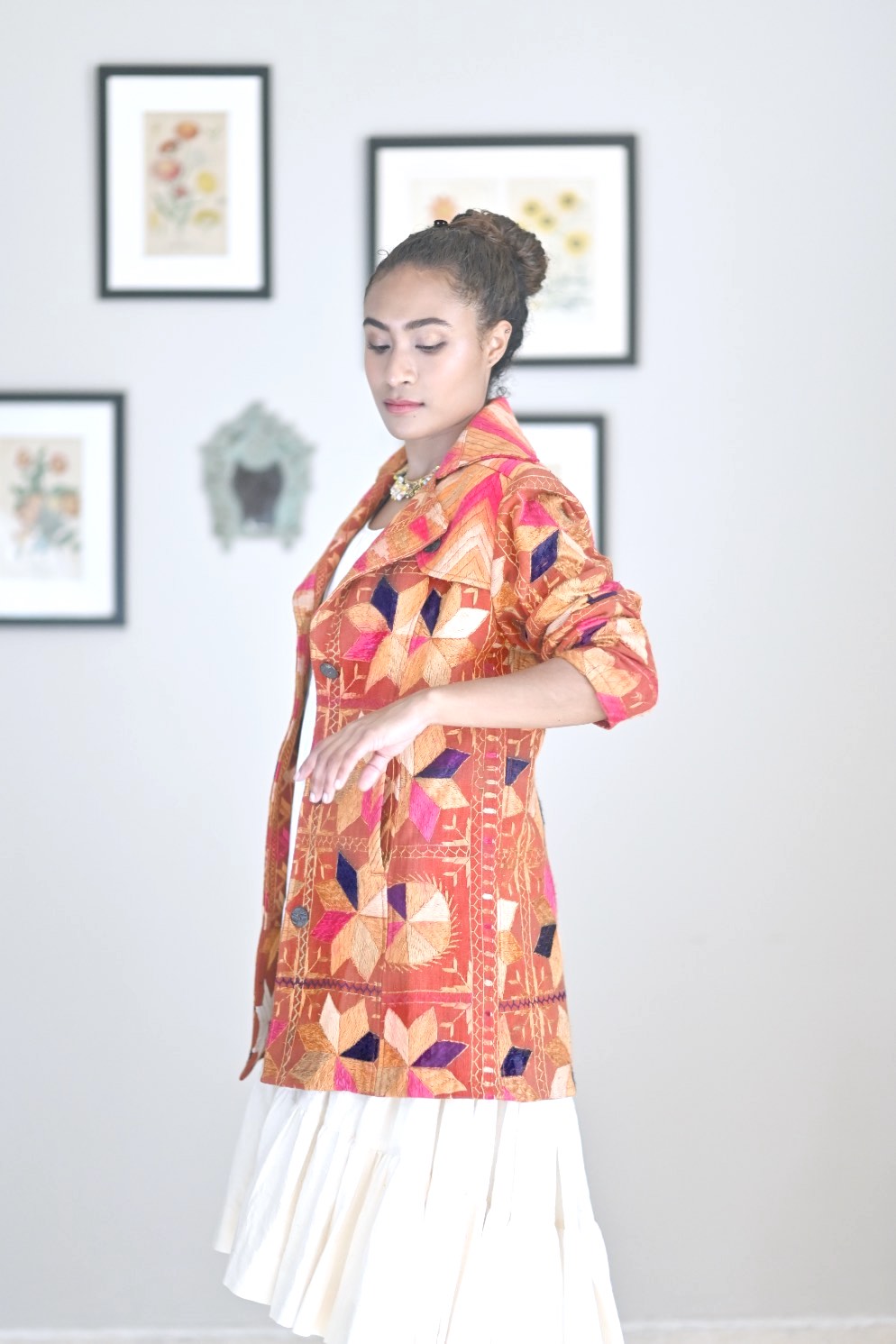 Tripta Kaur, Size Medium/Small Vintage Phulkari Trench Jacket, One of a Kind - kinchecom