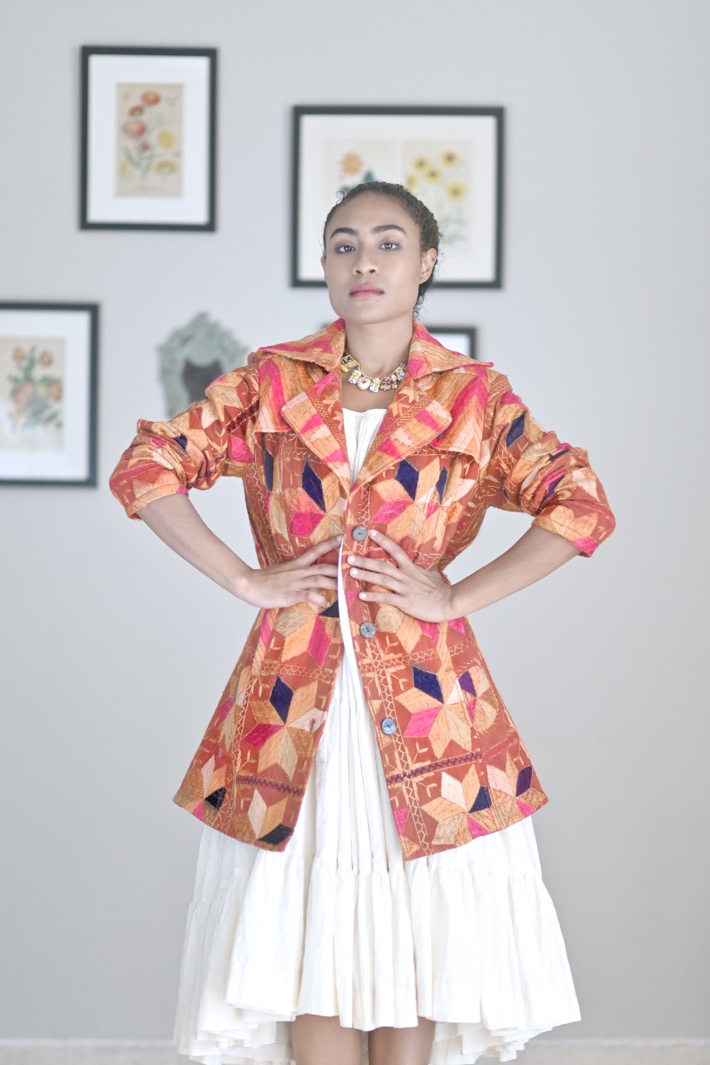 Tripta Kaur, Size Medium/Small Vintage Phulkari Trench Jacket, One of a Kind - kinchecom