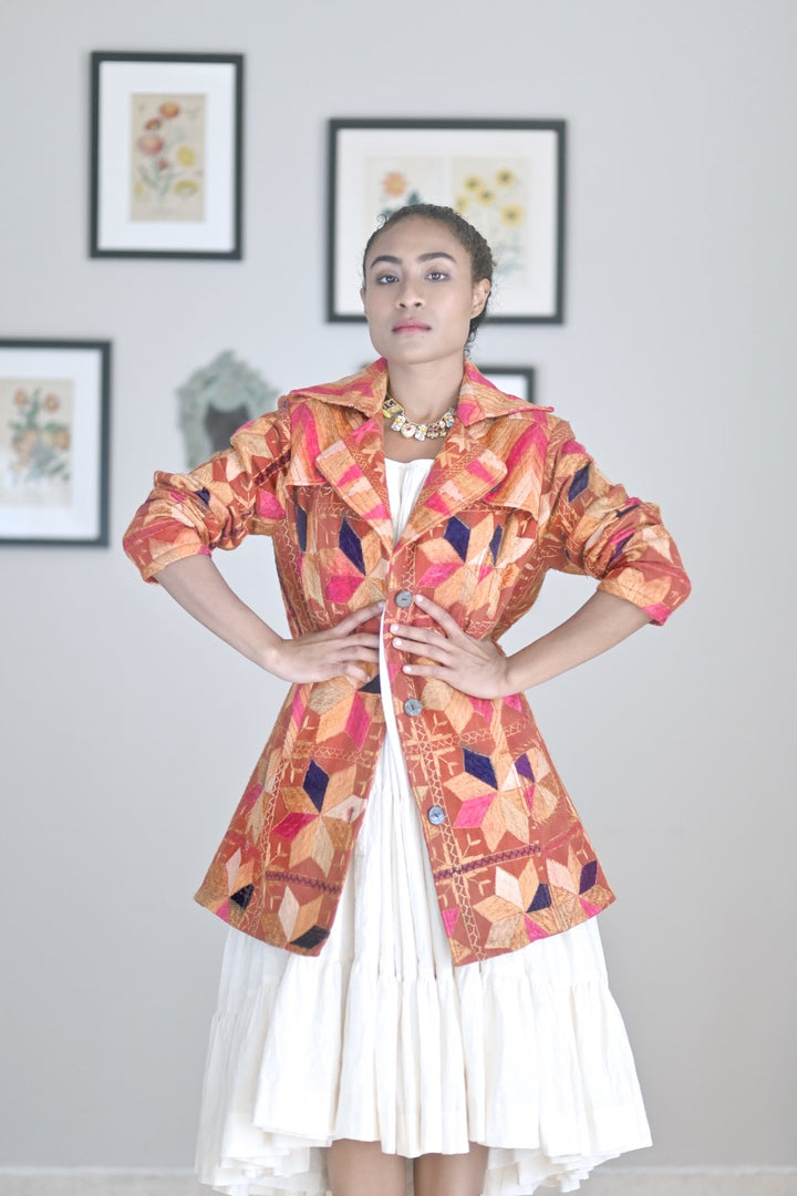 Tripta Kaur, Size Medium/Small Vintage Phulkari Trench Jacket, One of a Kind - kinchecom