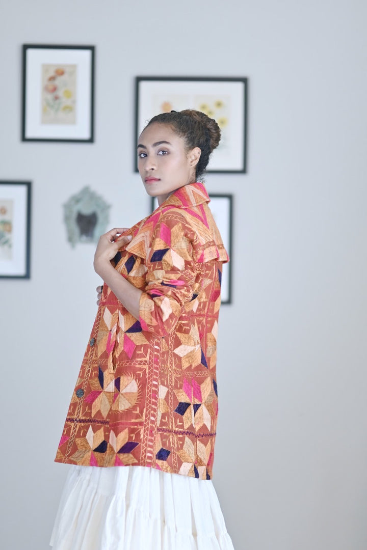 Tripta Kaur, Size Medium/Small Vintage Phulkari Trench Jacket, One of a Kind - kinchecom