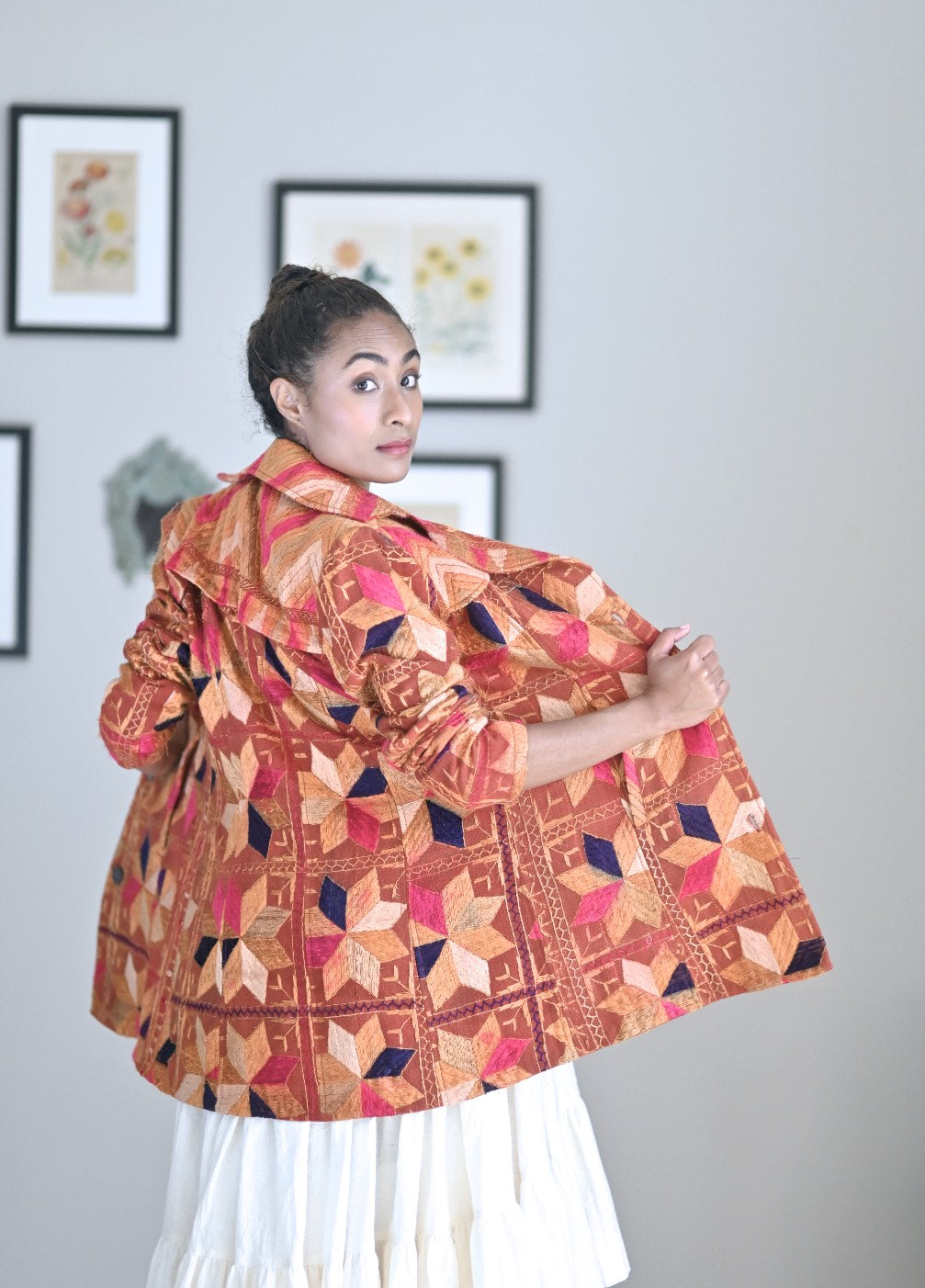 Tripta Kaur, Size Medium/Small Vintage Phulkari Trench Jacket, One of a Kind - kinchecom