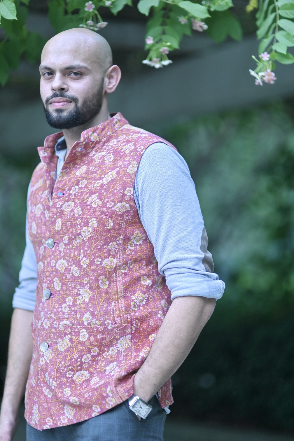 Elpis, Floral Print Nehru jacket for Men, One of a Kind, Size Large - kinchecom