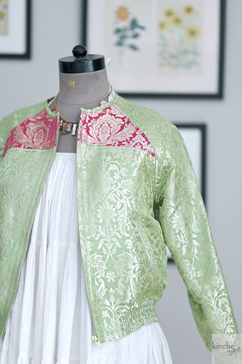 Palden, Silk Brocade Bomber Jacket, Handmade, Green and Pink Silk Bomber Jacket, Luxury Clothing - kinchecom