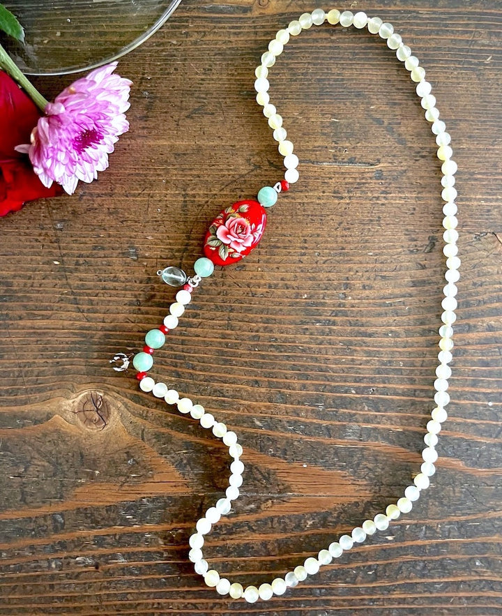 Chloe, Aventurine Semi Precious Beads, Japanese Bead, Agate, &amp; Brass Beaded Necklace - kinchecom