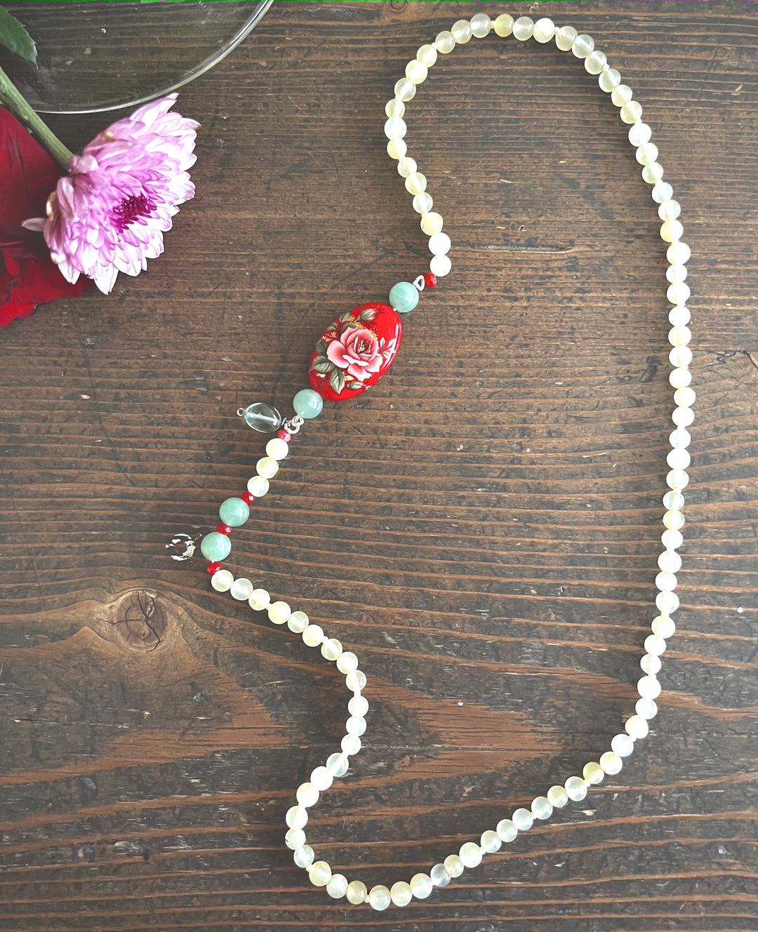 Chloe, Aventurine Semi Precious Beads, Japanese Bead, Agate, &amp; Brass Beaded Necklace - kinchecom