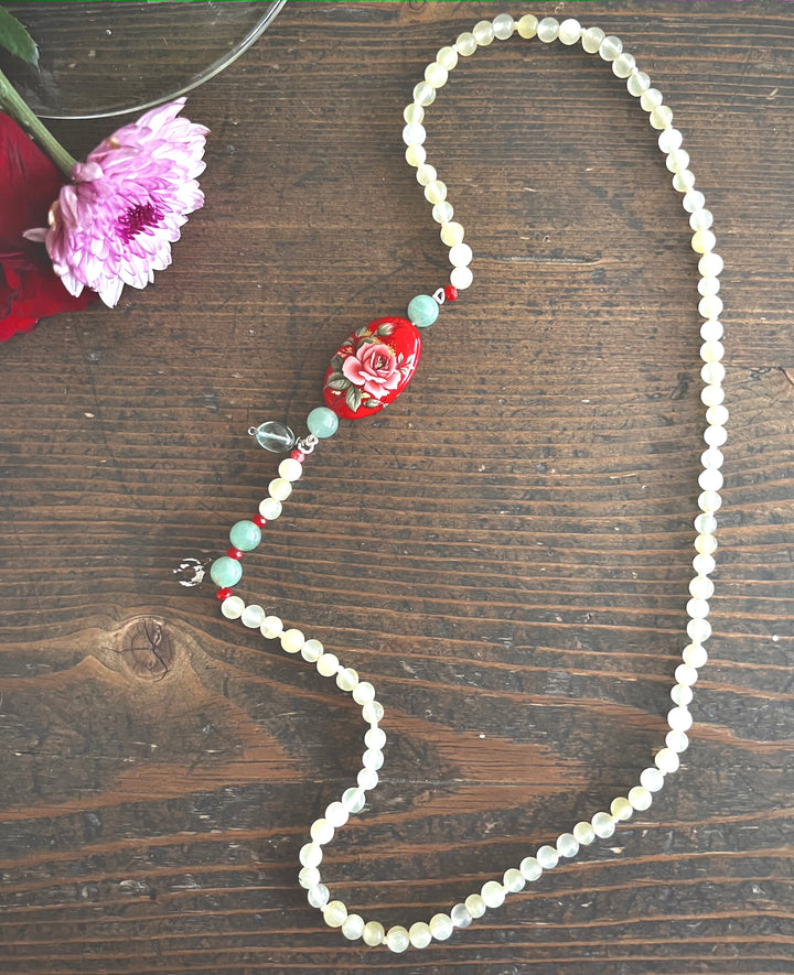 Chloe, Aventurine Semi Precious Beads, Japanese Bead, Agate, &amp; Brass Beaded Necklace - kinchecom