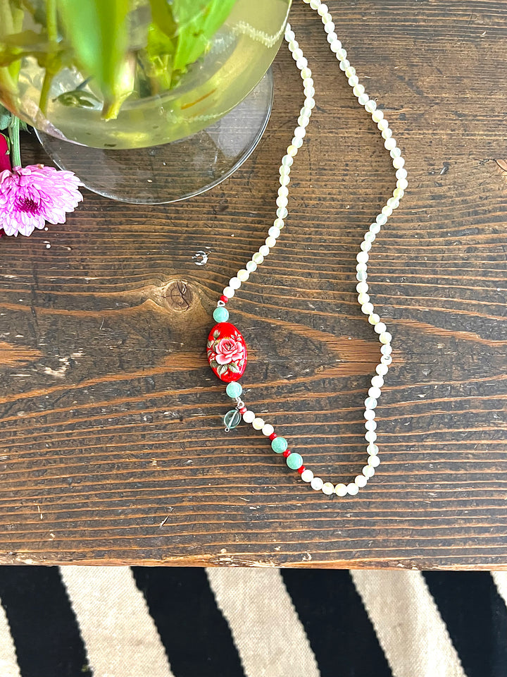 Chloe, Aventurine Semi Precious Beads, Japanese Bead, Agate, &amp; Brass Beaded Necklace - kinchecom