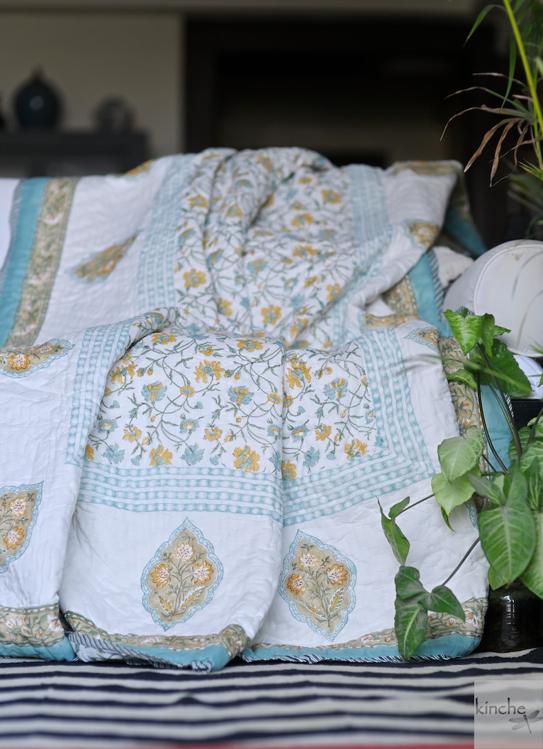 Assam, Vintage Green & Yellow Floral Block Print Quilt Handmade 100X92" - kinchecom