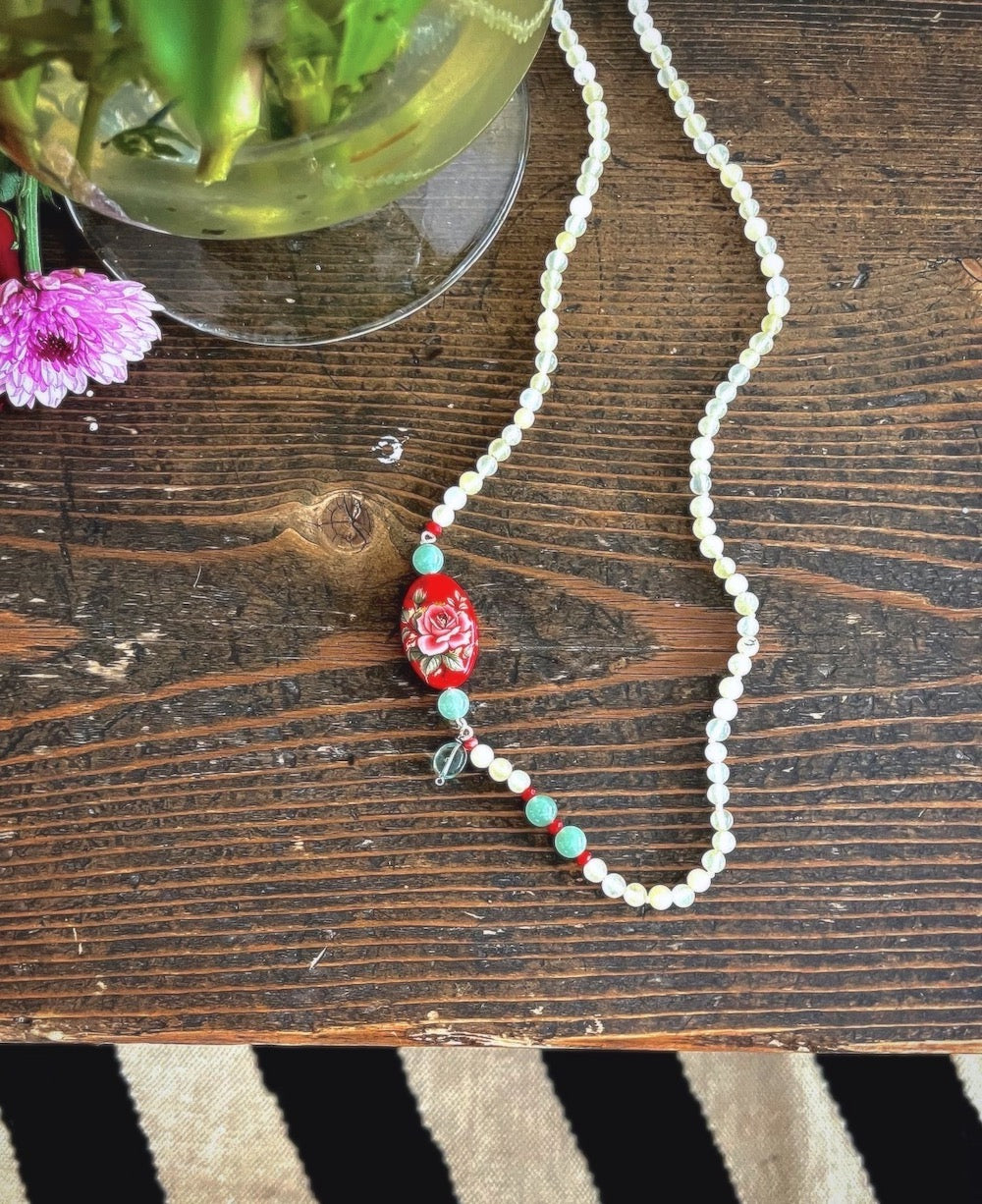 Chloe, Aventurine Semi Precious Beads, Japanese Bead, Agate, &amp; Brass Beaded Necklace - kinchecom