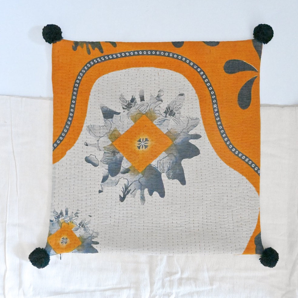 Ganga, Color  Vintage Kantha Cushion Cover 20X20" with pom Poms - kinchecom