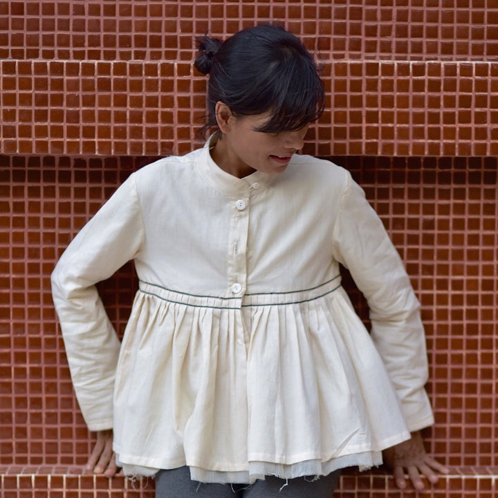 Dublin, Pure Khaadi Flared Cropped Blouse with Hand Embroidery, Off White - kinchecom