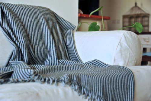 Artemis, Knitted Pure Lambs Wool Throw in Grey &amp; Black Stripes 50X70 inches - kinchecom