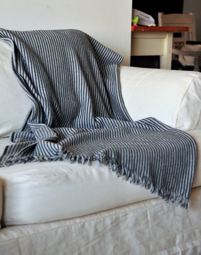 Artemis, Knitted Pure Lambs Wool Throw in Grey &amp; Black Stripes 50X70 inches - kinchecom