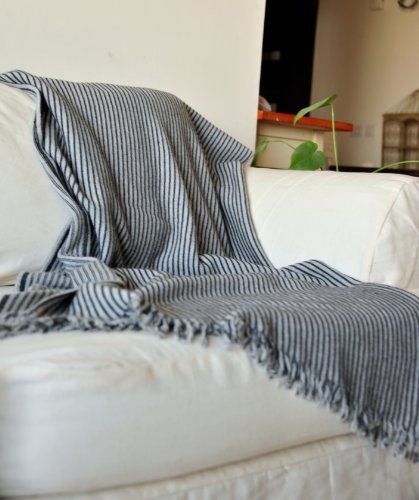 Artemis, Knitted Pure Lambs Wool Throw in Grey &amp; Black Stripes 50X70 inches - kinchecom