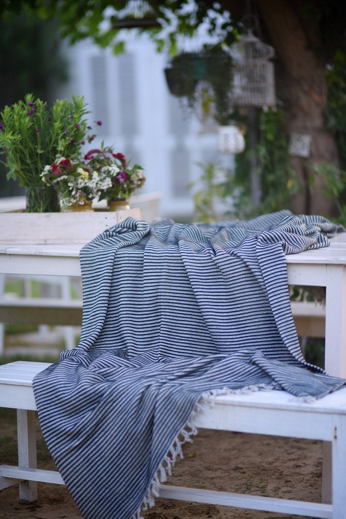 Electra, Pure Lambs Wool &amp; Cotton, Grey with Black Stripes Blanket 102X92 Inches - kinchecom