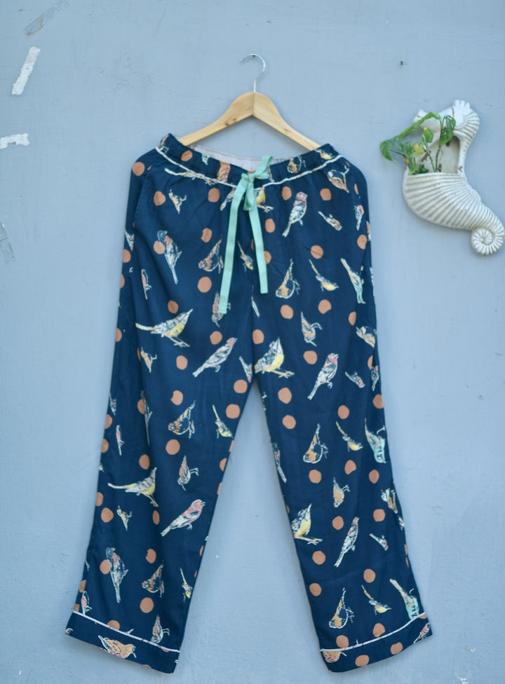 Tellus, Pure Crepe Blue Pajamas with Orange Polka Dots &amp; Bird Print - kinchecom