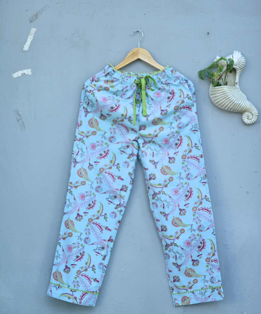 Hina, Pure Cotton Blue &amp; Pink Floral Print Pajama with Green Lace and Pom Pom at bottom - kinchecom