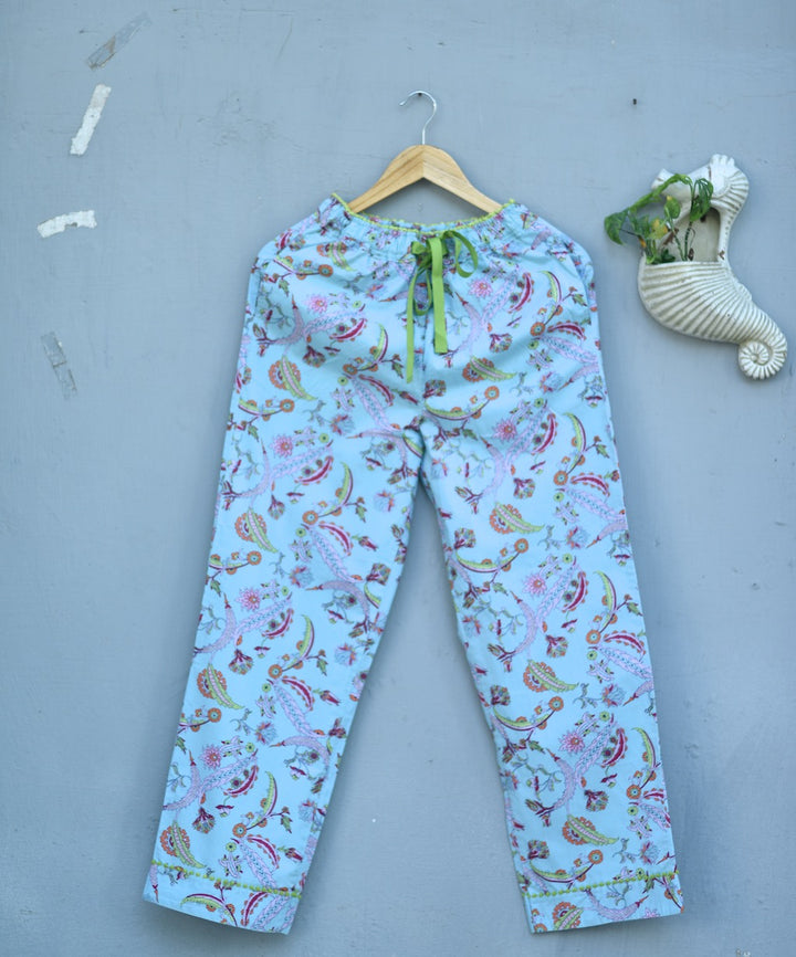 Hina, Pure Cotton Blue &amp; Pink Floral Print Pajama with Green Lace and Pom Pom at bottom - kinchecom