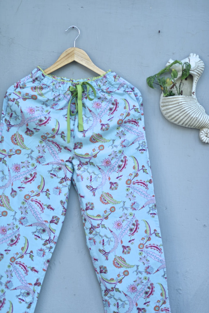 Hina, Pure Cotton Blue &amp; Pink Floral Print Pajama with Green Lace and Pom Pom at bottom - kinchecom