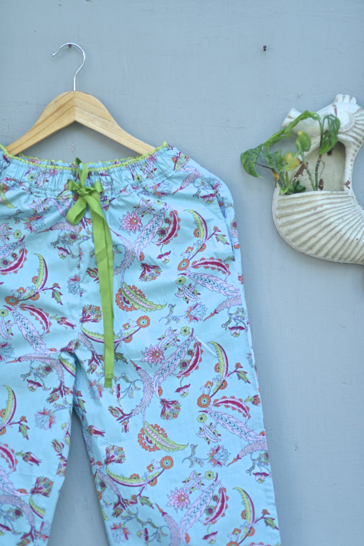 Hina, Pure Cotton Blue &amp; Pink Floral Print Pajama with Green Lace and Pom Pom at bottom - kinchecom