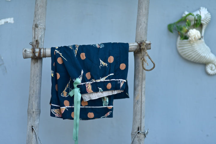 Tellus, Pure Crepe Blue Pajamas with Orange Polka Dots &amp; Bird Print - kinchecom
