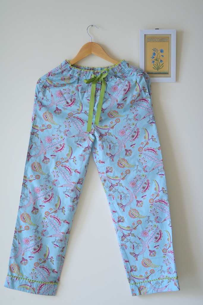 Hina, Pure Cotton Blue &amp; Pink Floral Print Pajama with Green Lace and Pom Pom at bottom - kinchecom