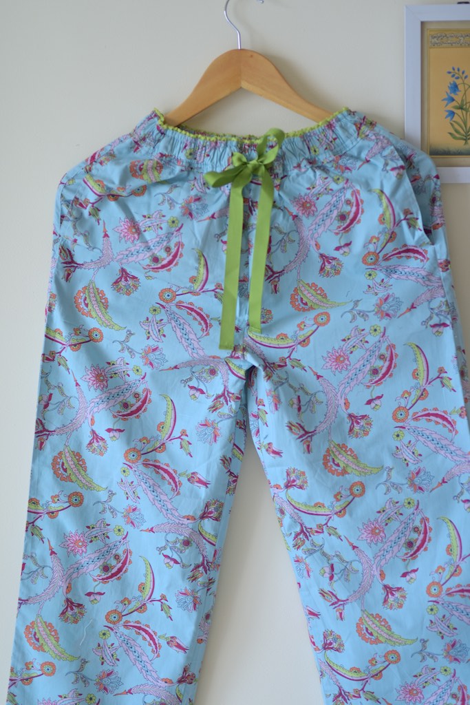 Hina, Pure Cotton Blue &amp; Pink Floral Print Pajama with Green Lace and Pom Pom at bottom - kinchecom